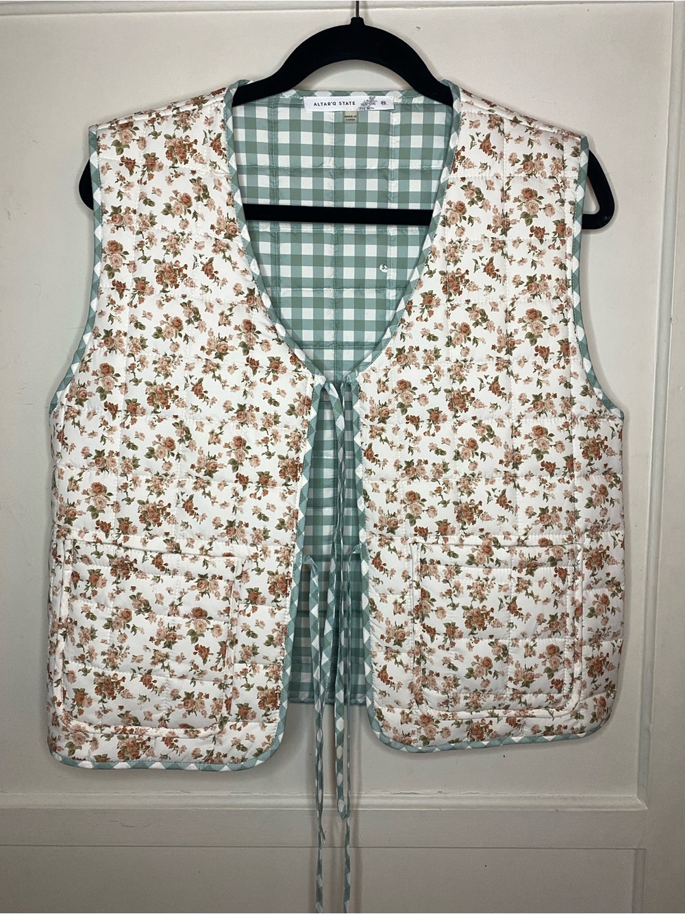 Altar'd State Cream & Sage Gingham Quilted Vest